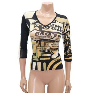 Y2K NOUN PARIS Logo Women's Faces Semi-Sheer Mesh 3/4 Sleeve Top M